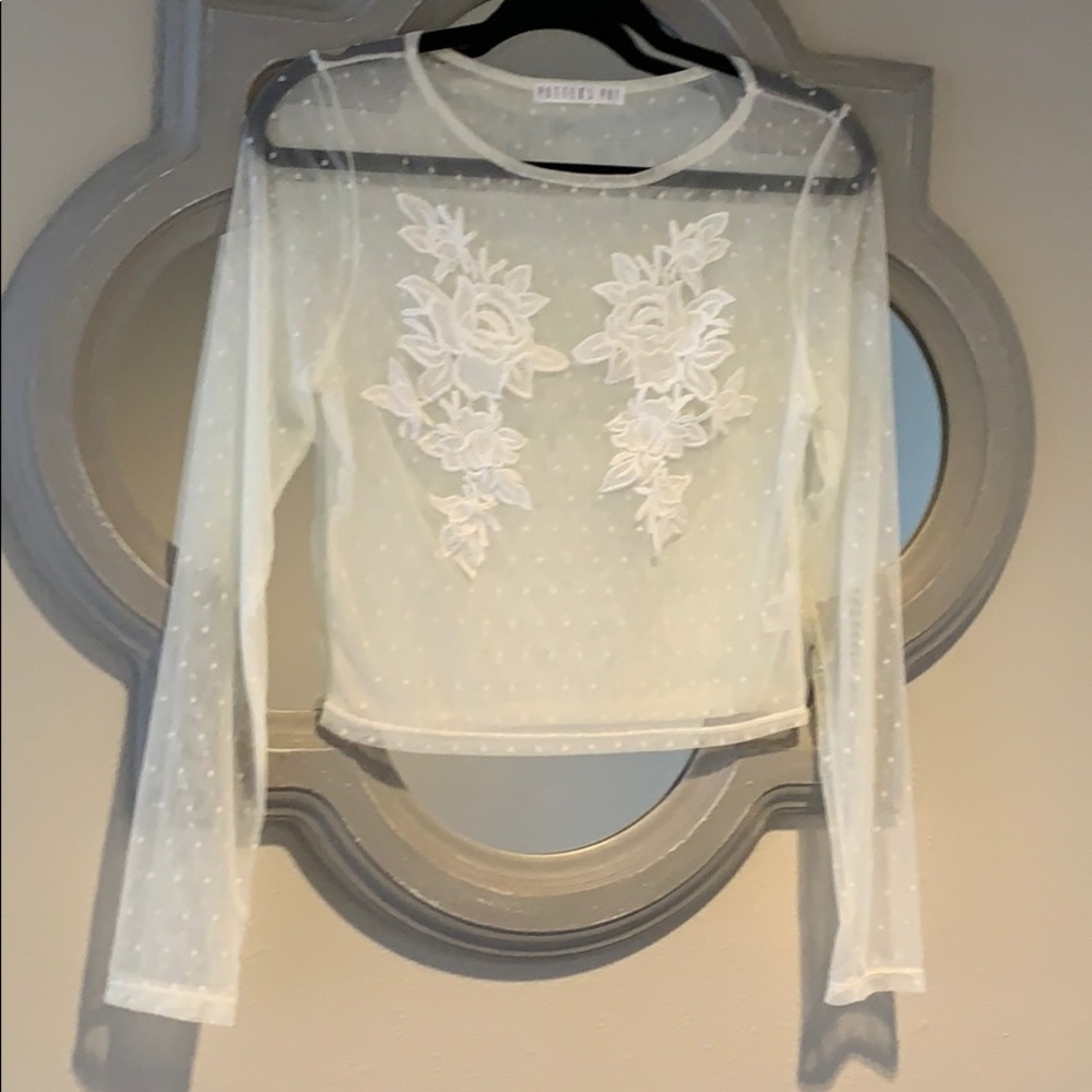 Sheer white crop top with front floral pattern
